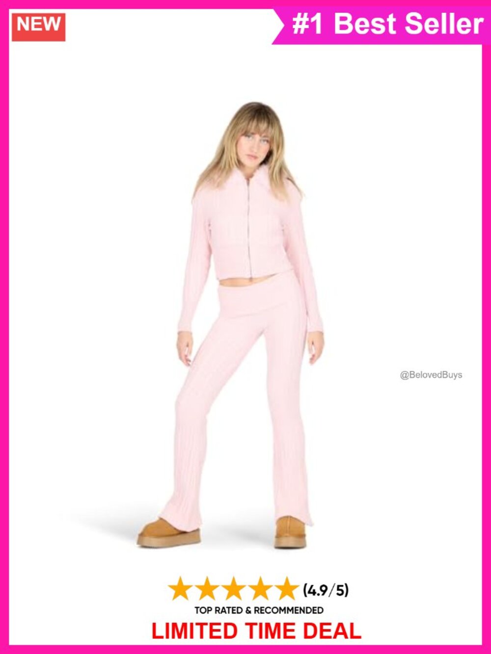 Cable Knit Zip Hoodie & Flare Pants Set Faux Fur Trim 2-Piece